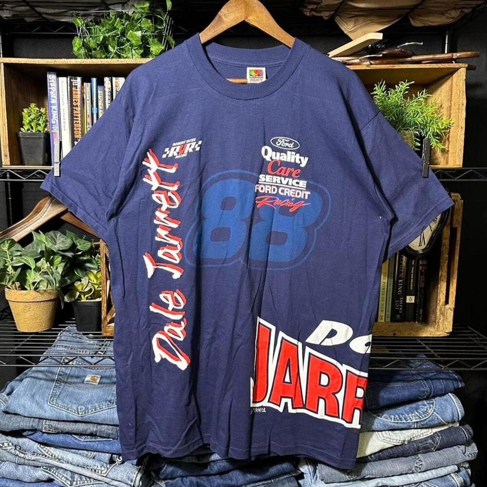 Vintage 90s Dale Jarret NASCAR AOP Tee Shirt Navy Blue and Red Racing Mens XL